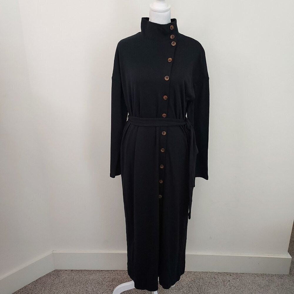 Ann Taylor Mock Neck Side Button Long Sleeve Black Midi Dress Size Medium